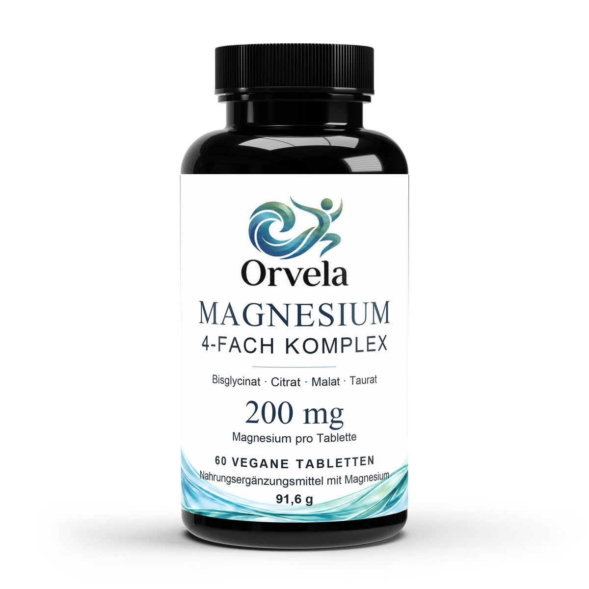 Vorderseite der Orvela Magnesium 4-fach Komplex Dose mit dem aqua-grünen deutschen Etikett
