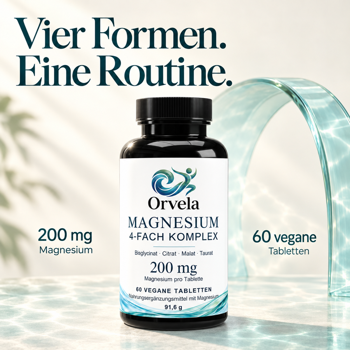 Orvela Magnesium 4-fach Komplex: vier Magnesiumformen, 200 mg pro Tablette und 60 vegane Tabletten