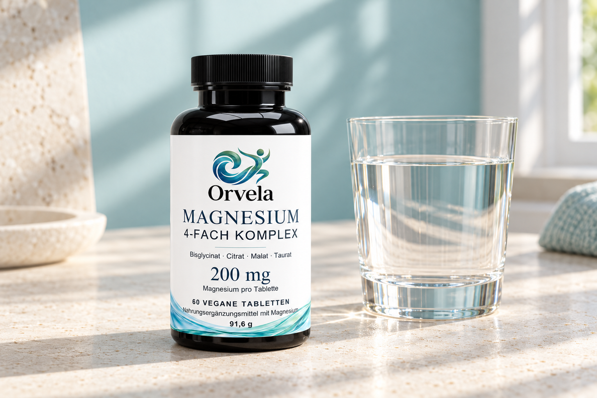 Orvela Magnesium neben einem Glas Wasser als Teil einer täglichen Routine